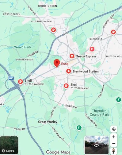 Google Maps showing Shell Brook Road at £1.79 and Shell Warley Hill at £1.76 for unleaded, Brentwood, 8:41pm on 8 October 2026