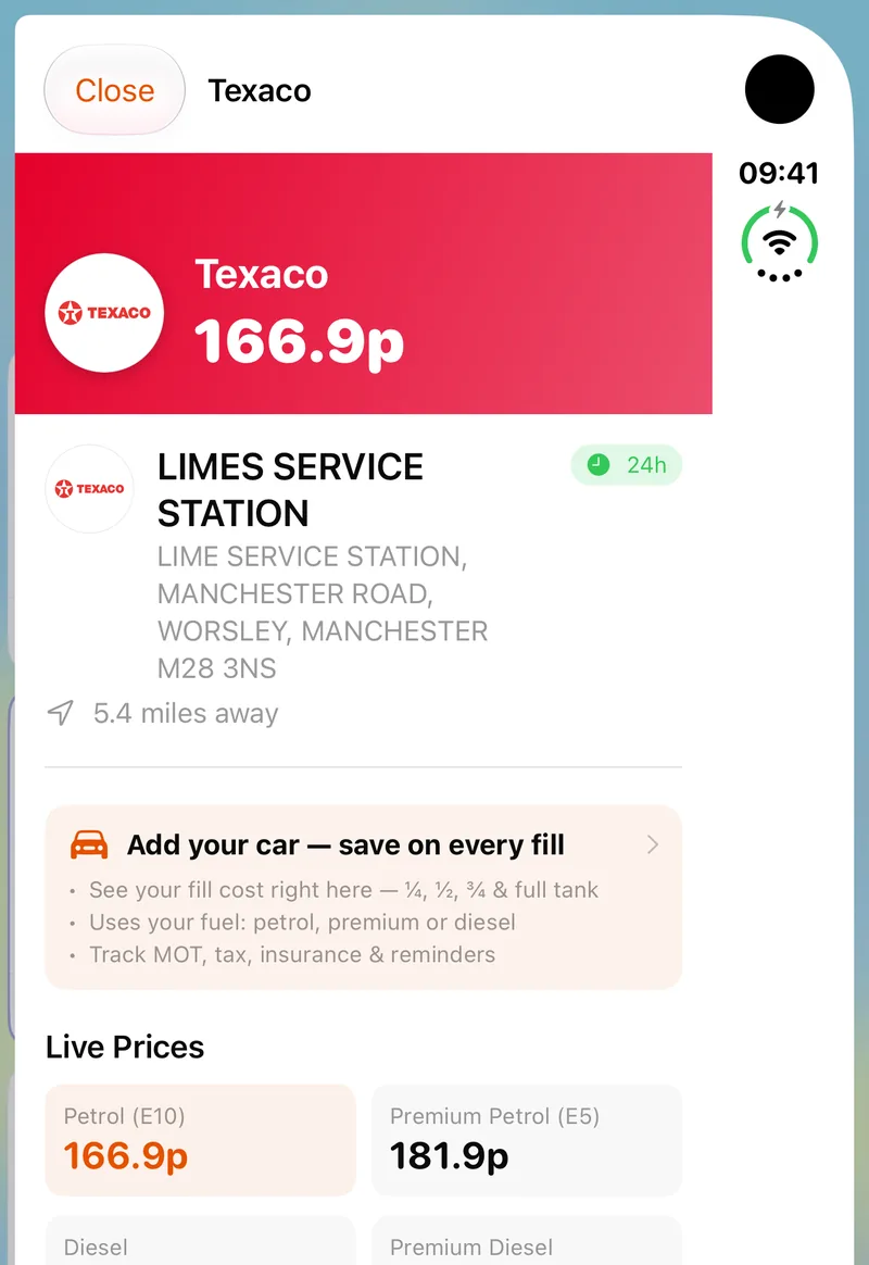 Fuel Finder UK on the folded iPhone Duo outer screen: the details and live prices for one station