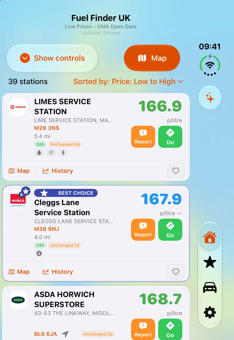 Fuel Finder UK on the folded iPhone Duo outer screen: a list of stations sorted by price