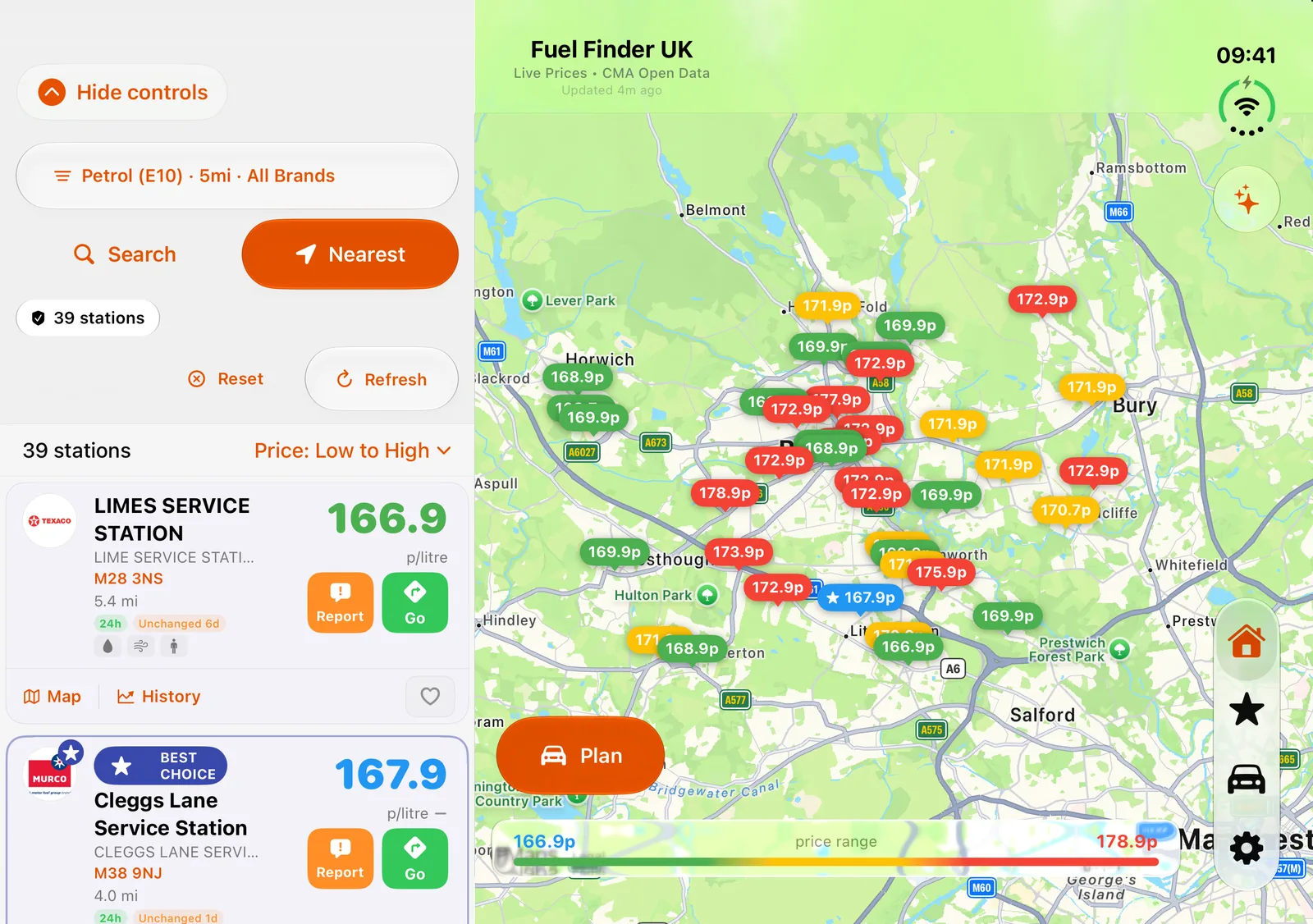 Fuel Finder UK on iPhone Duo unfolded: a list of petrol stations on the left and a map of Bolton with fuel prices on the right