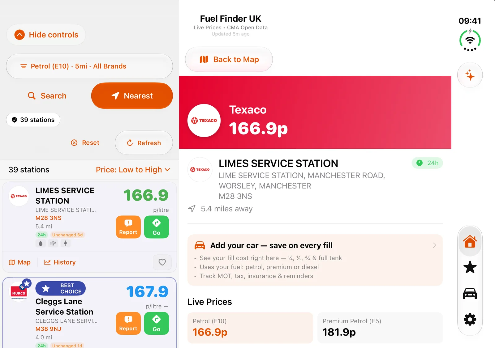 Fuel Finder UK on iPhone Duo unfolded: the station list on the left and the price details for a Texaco station on the right
