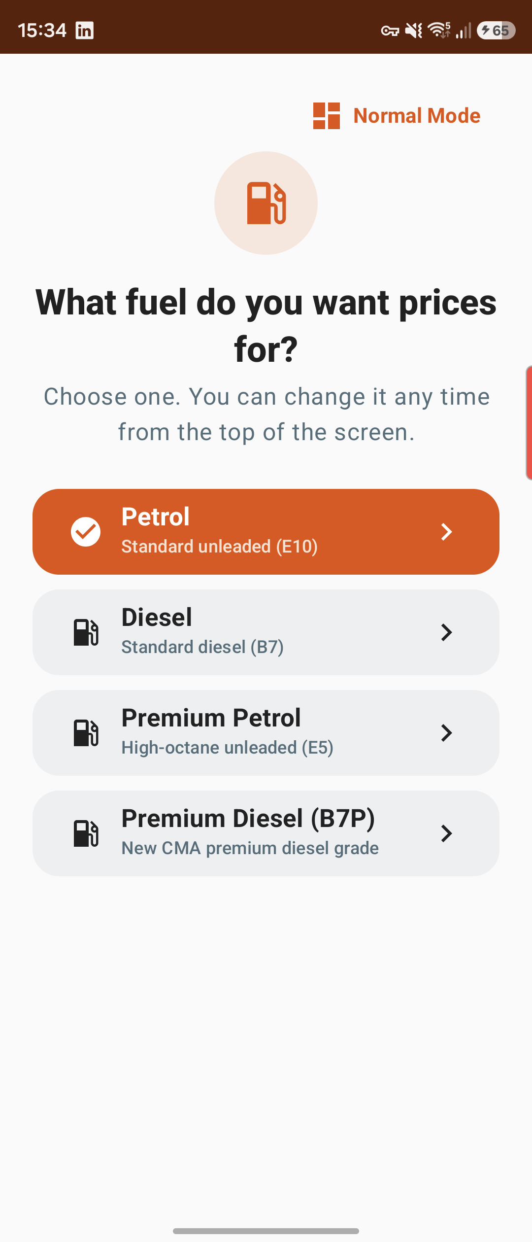 Android Simple mode fuel selection screen