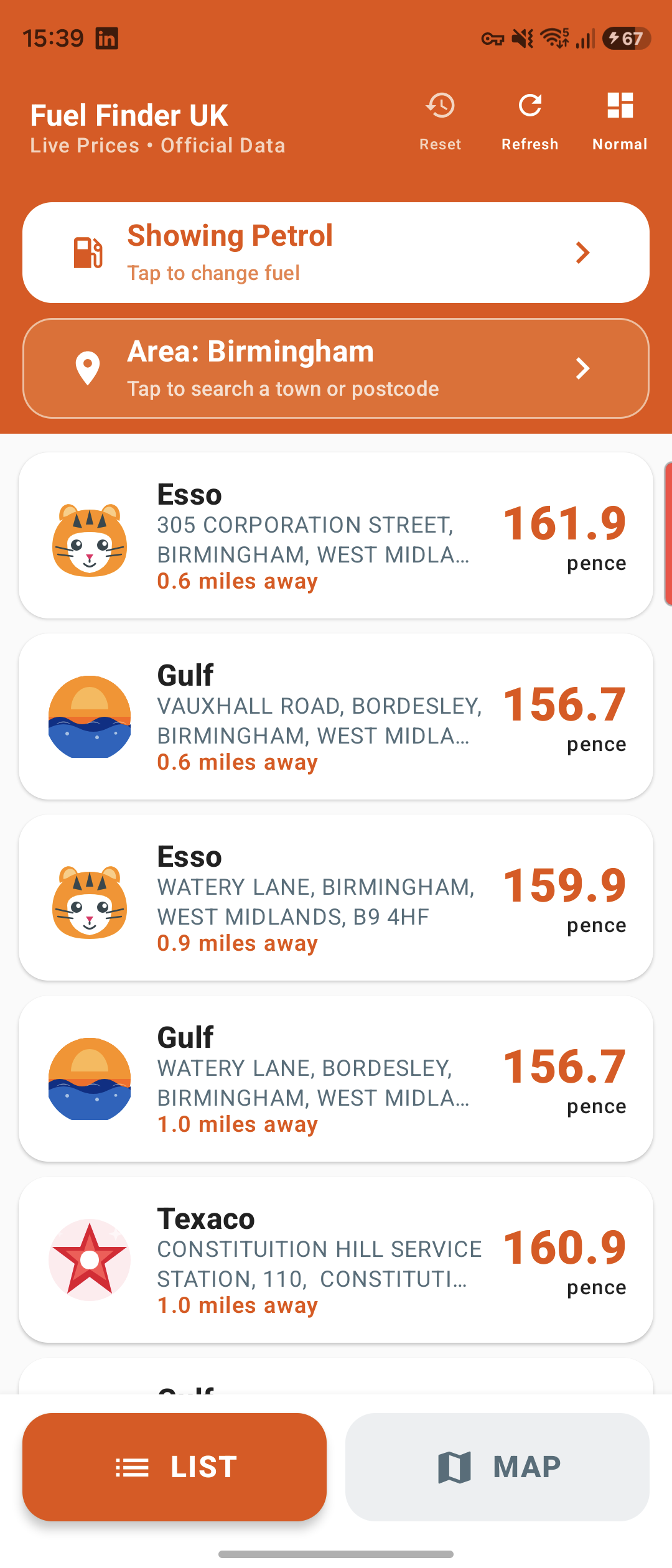 Android Simple mode list showing Birmingham fuel prices