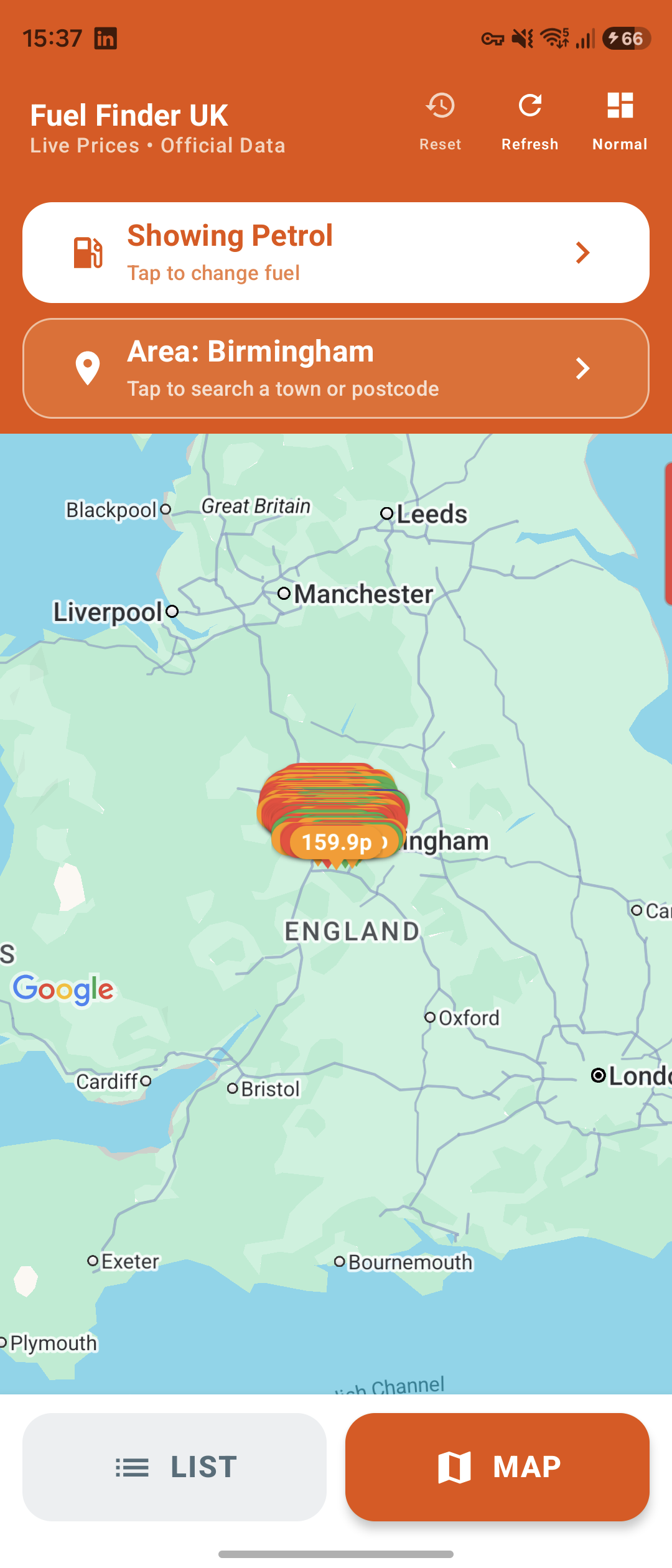 Android Simple mode map showing Birmingham fuel prices