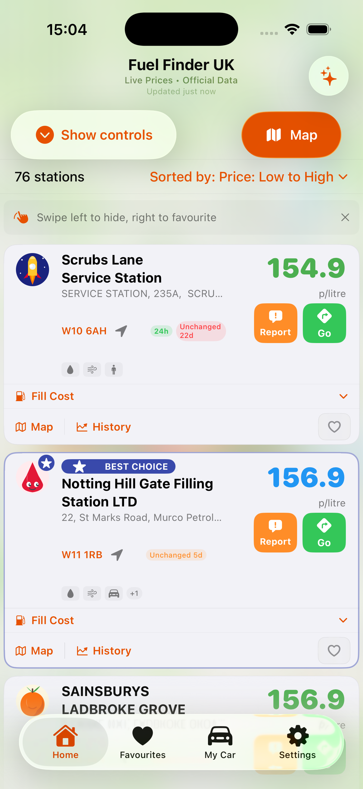 Fuel Finder UK iPhone station list used to choose a CarPlay destination