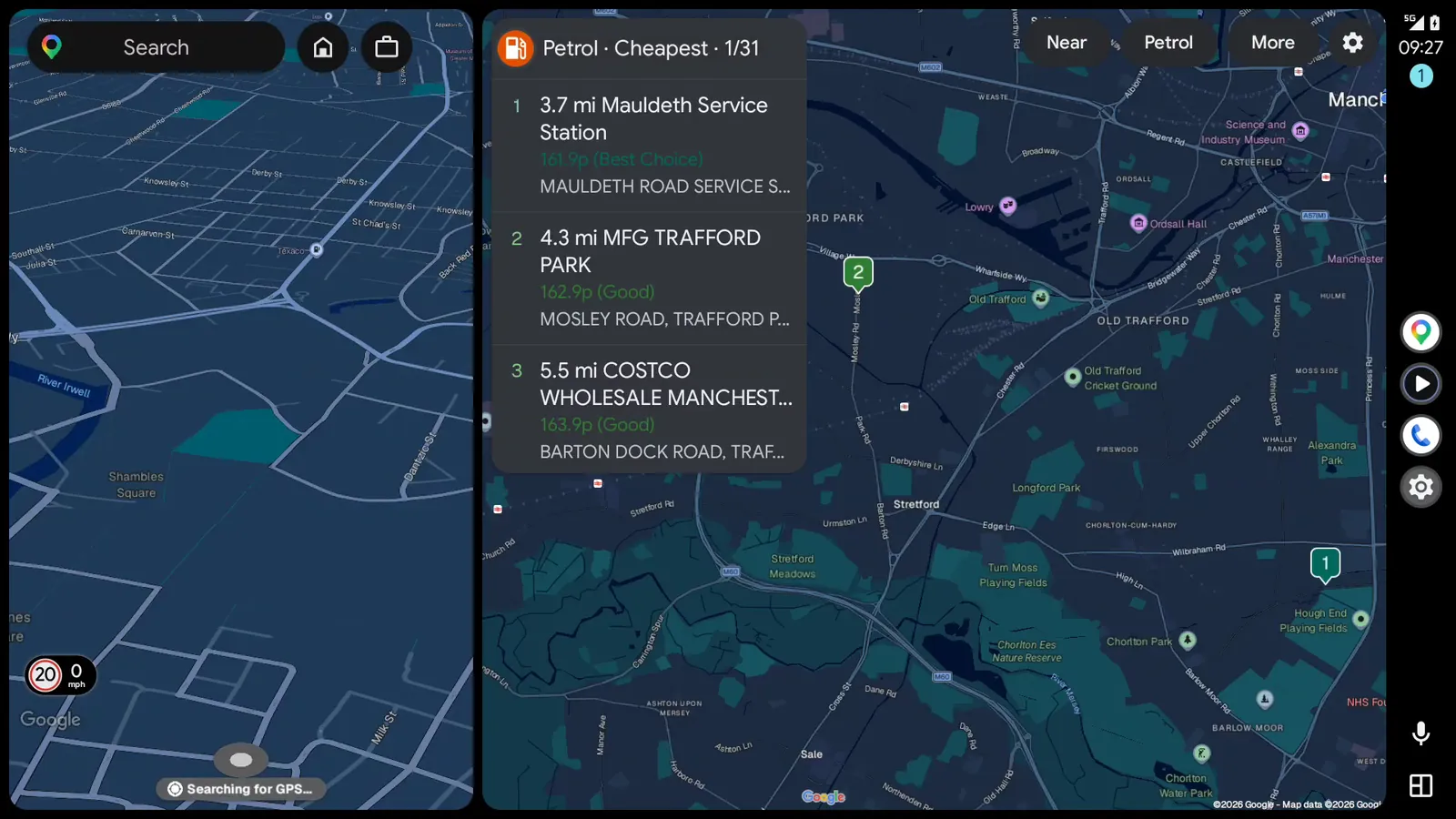 Fuel Finder UK on Android Auto listing the cheapest petrol stations nearby