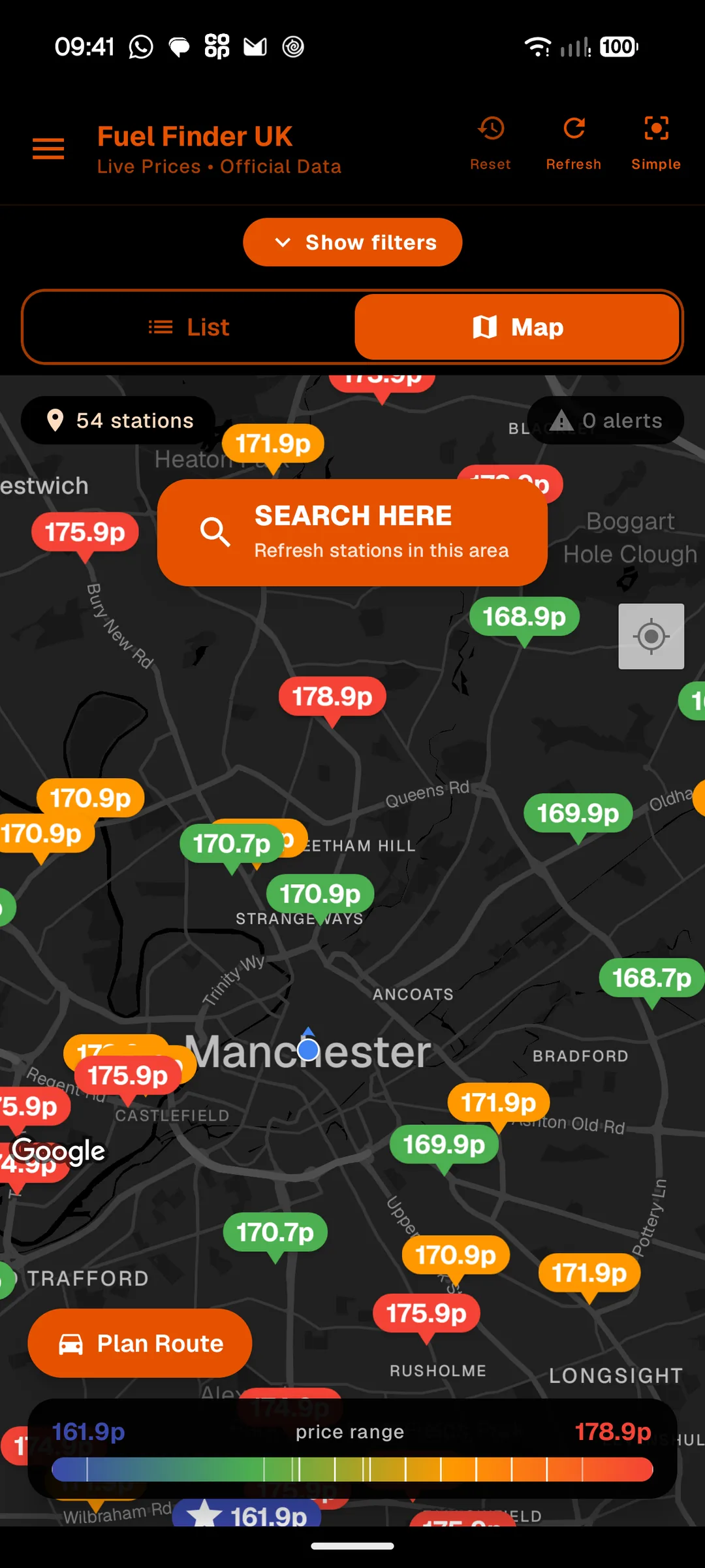 Fuel Finder UK app showing colour-coded fuel prices on a map of Manchester, screenshot from late September 2026