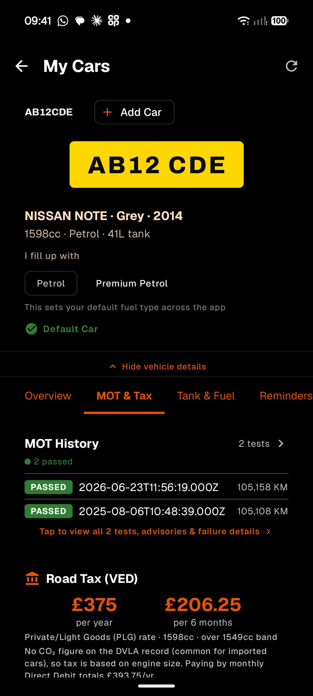 My Cars feature showing MOT history, tax status, and reminders