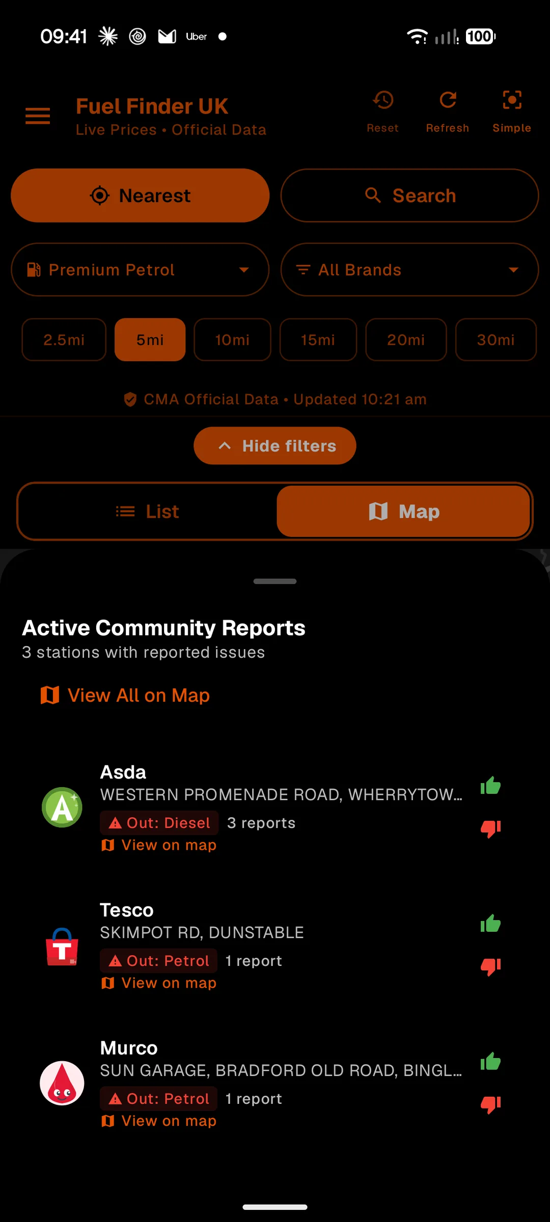 Community reporting showing live out-of-fuel reports