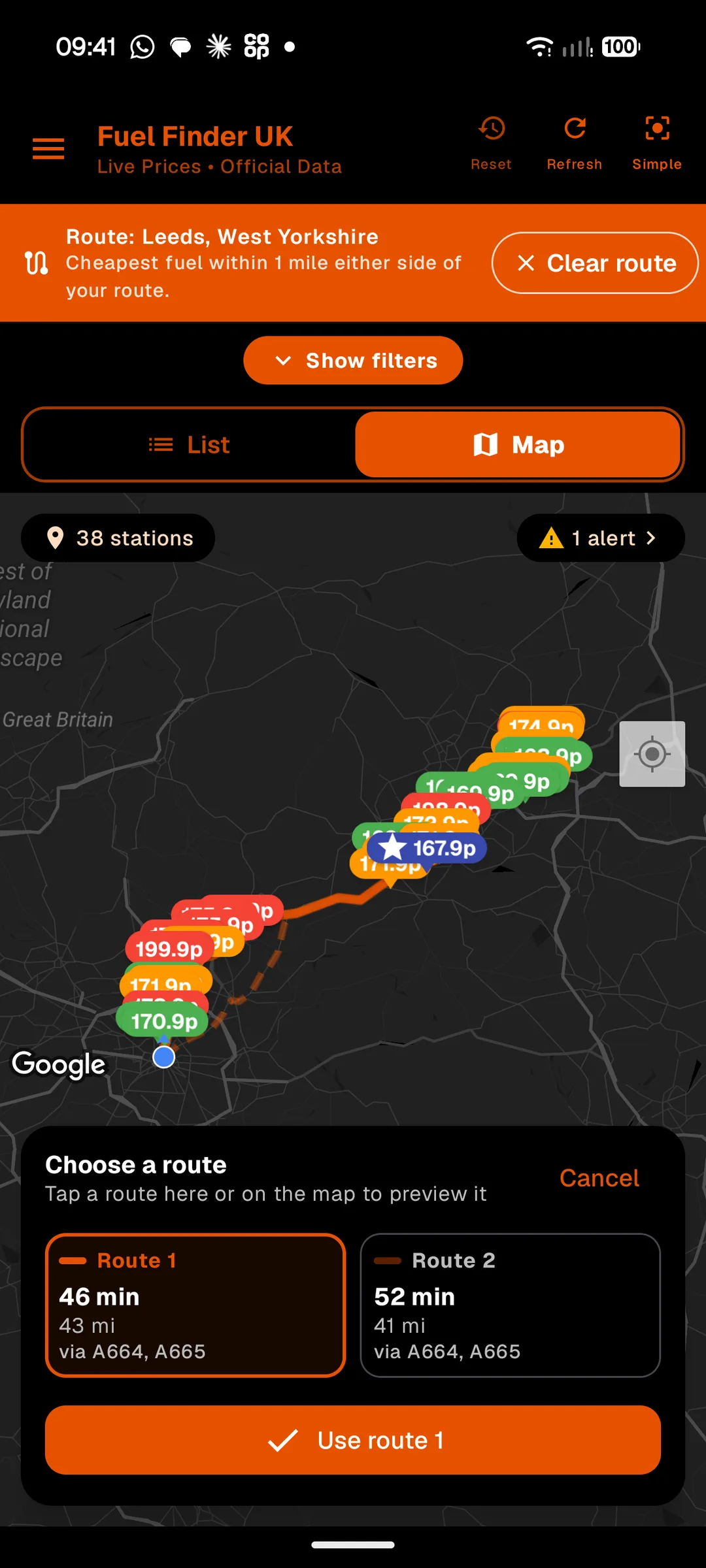 Route planning showing the cheapest fuel along a journey, with a choice of two routes