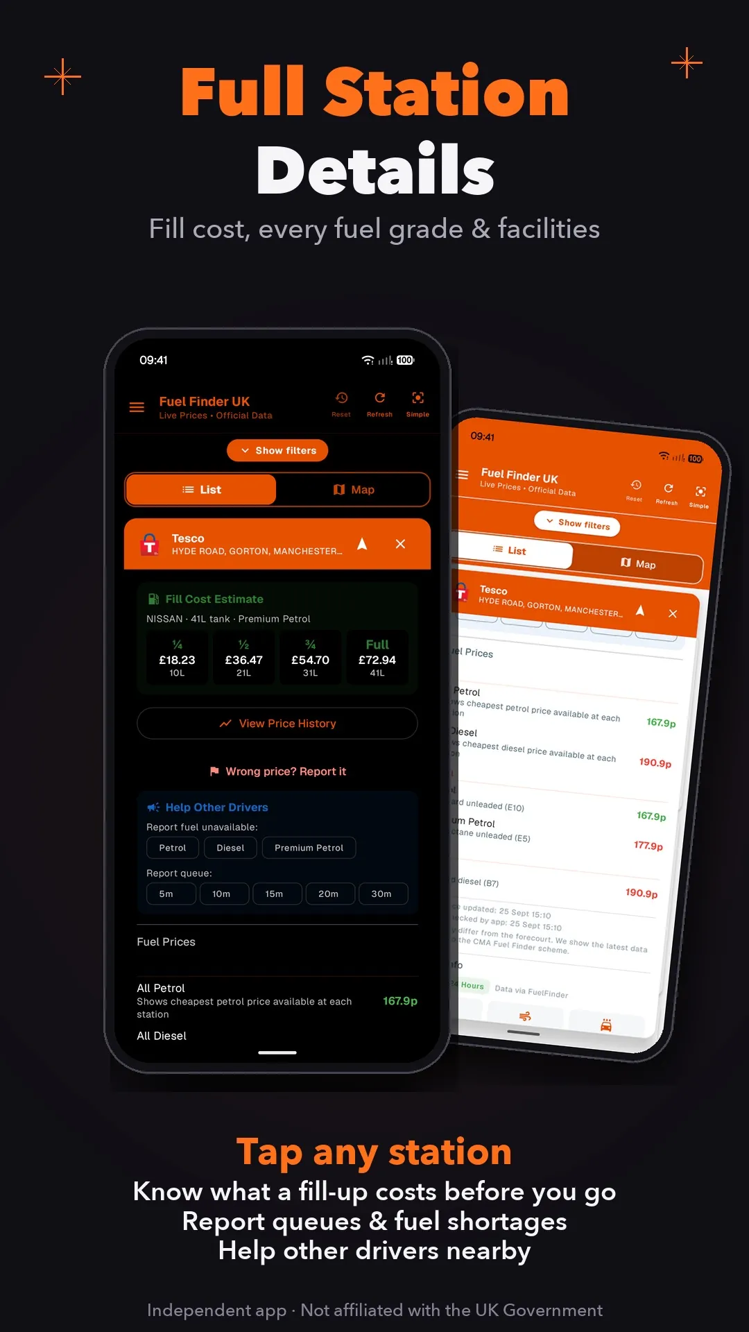 Full station details and price reporting