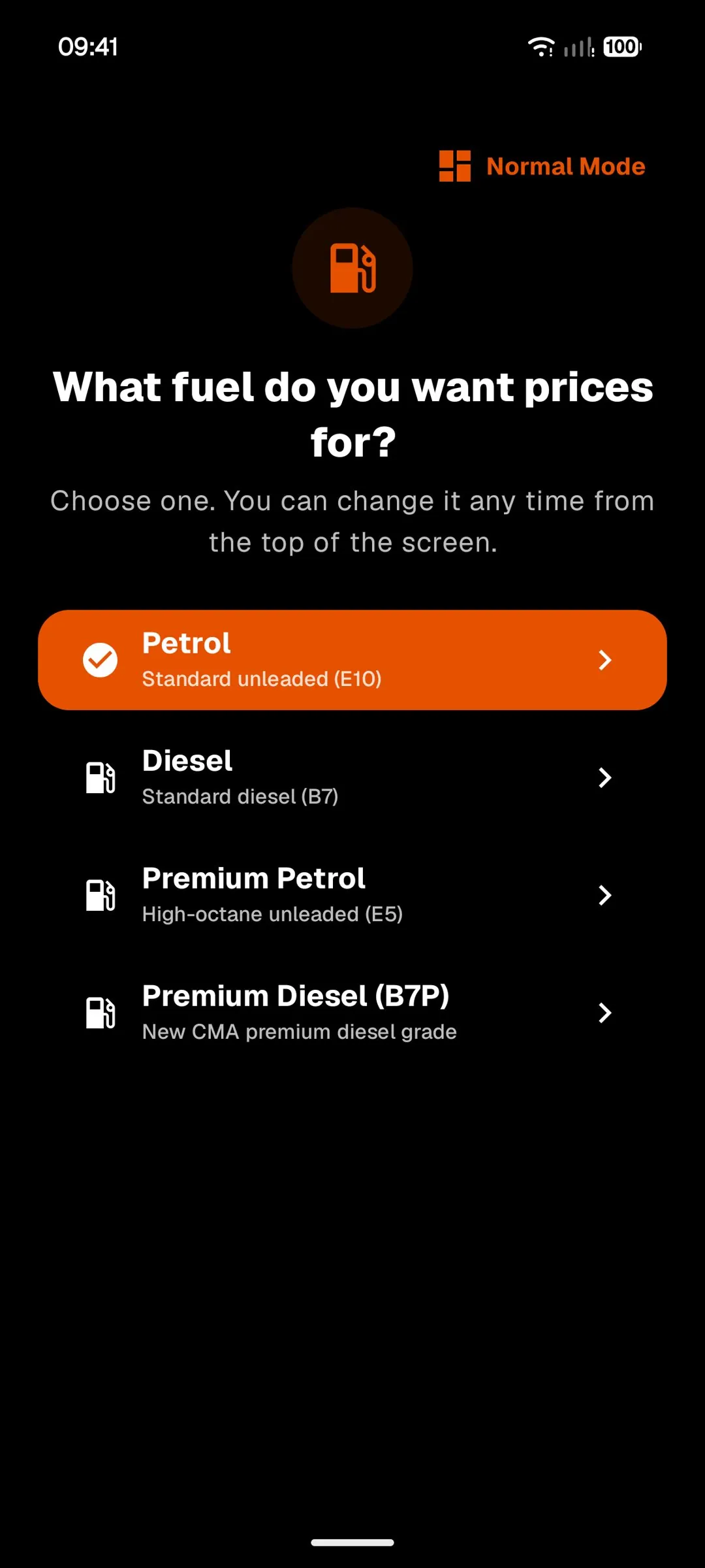 Android Simple mode fuel selection screen