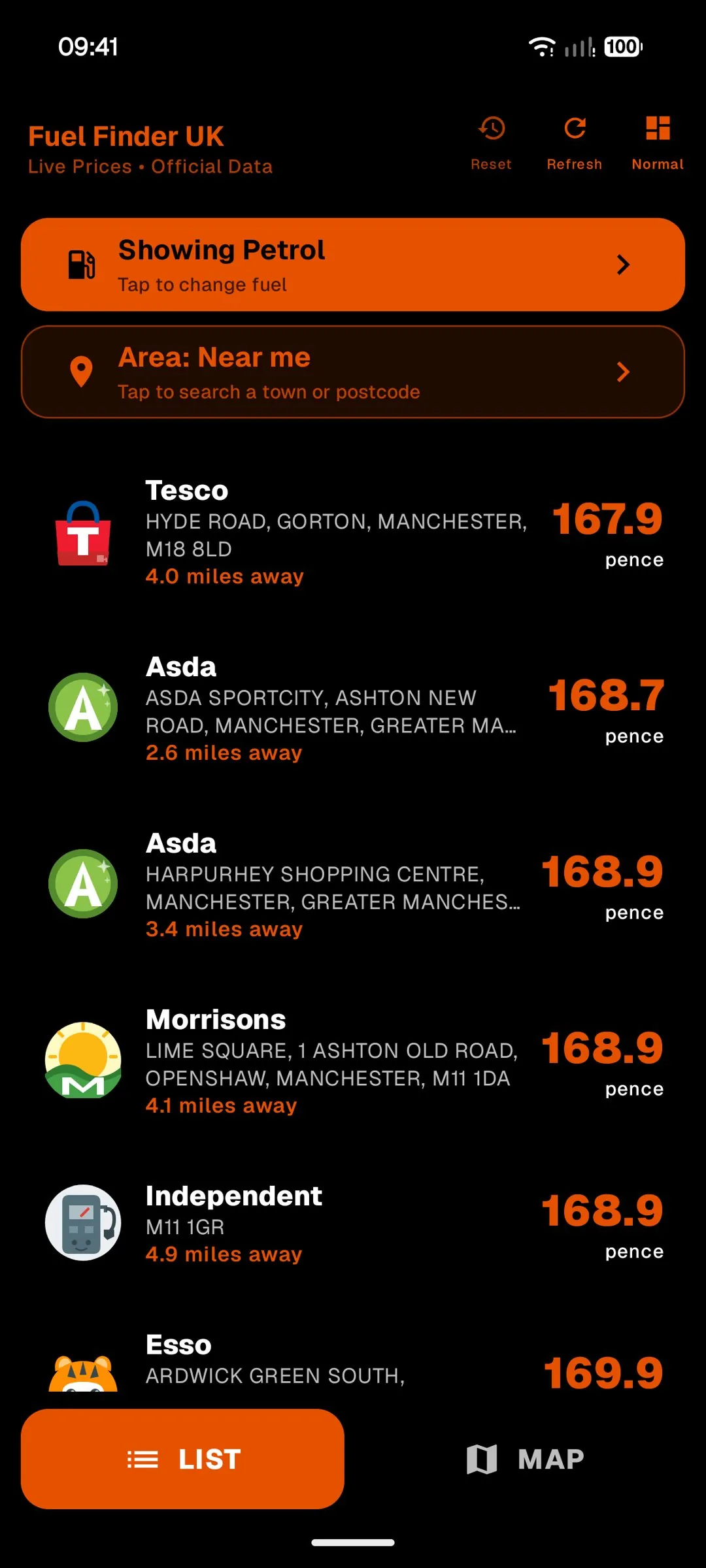 Android Simple mode list showing Manchester fuel prices