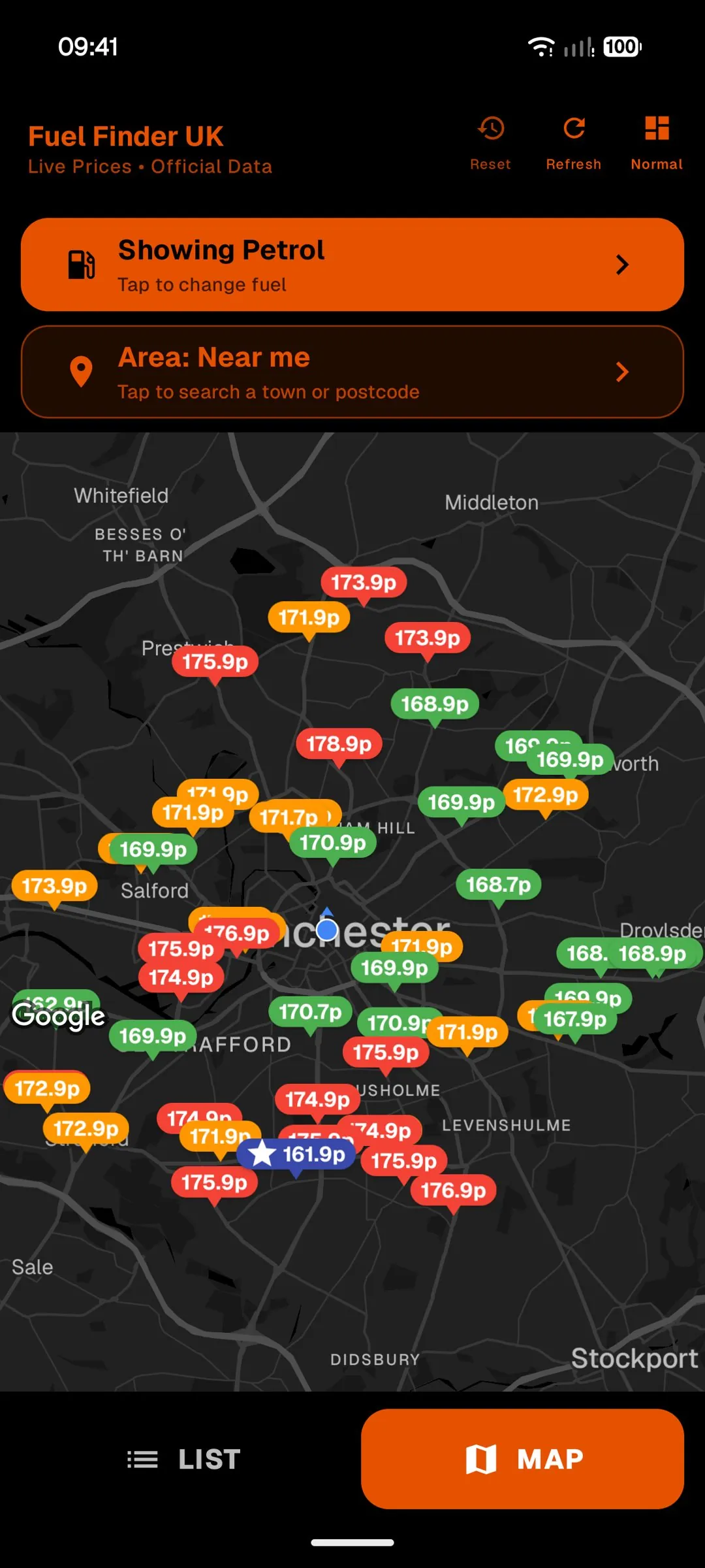 Android Simple mode map showing Manchester fuel prices