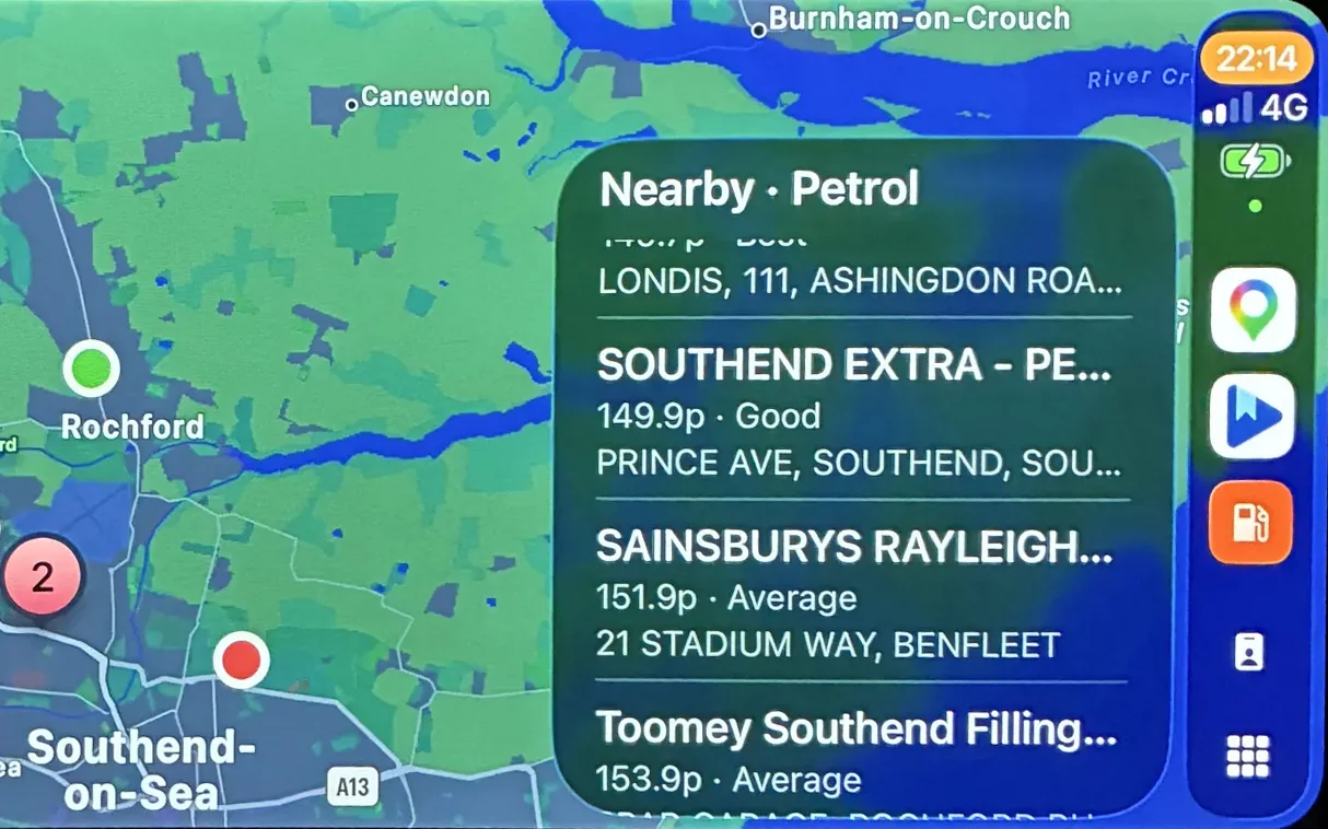 Fuel Finder UK on an Apple CarPlay screen, showing nearby petrol stations around Rochford and Southend with a price list