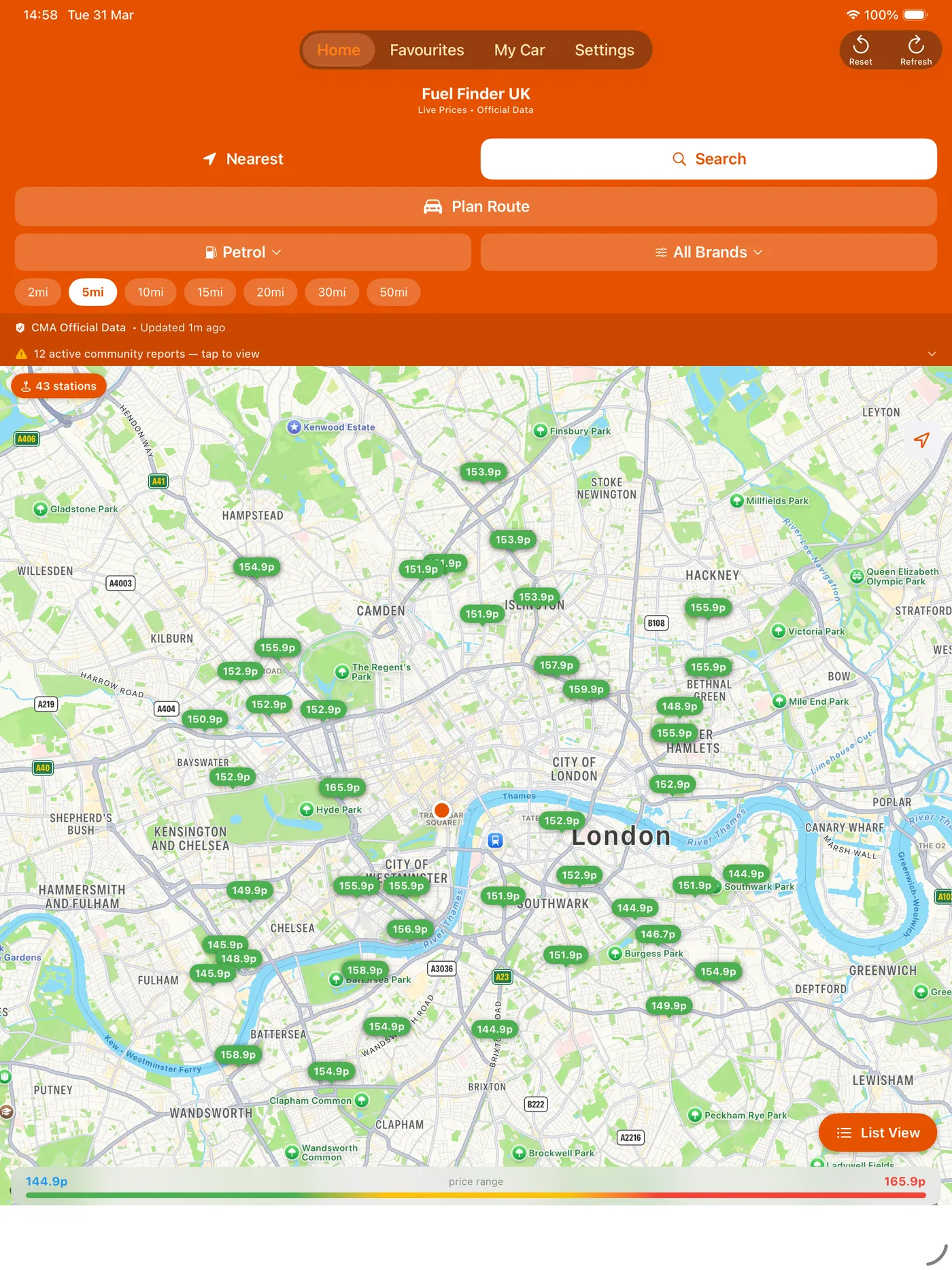 Fuel Finder UK on iPad - full map view