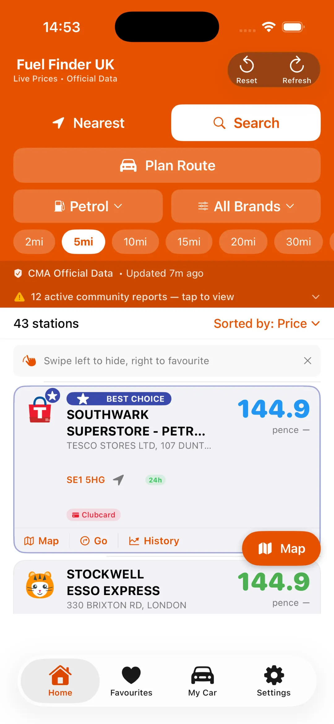 Fuel Finder UK iOS - best choice list view