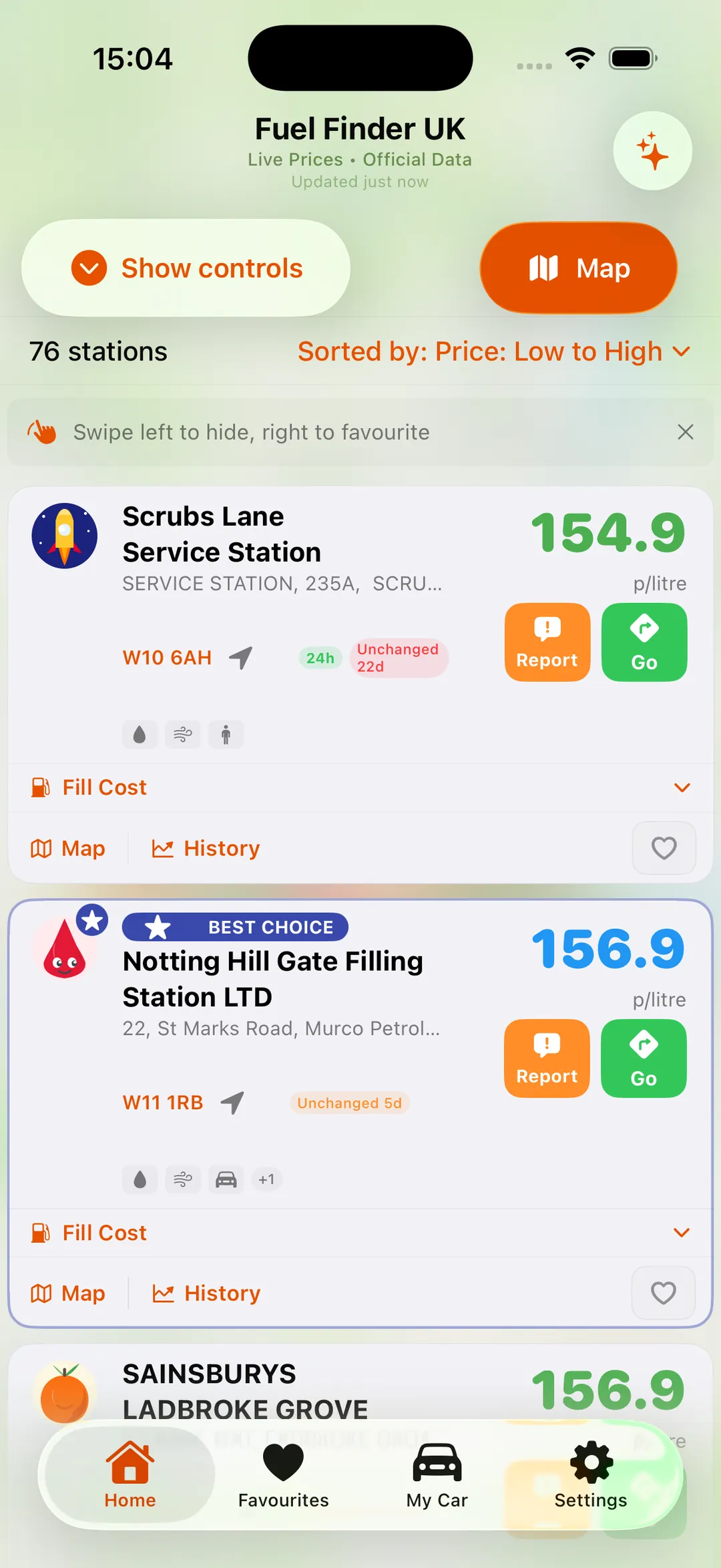 iPhone fuel price list view