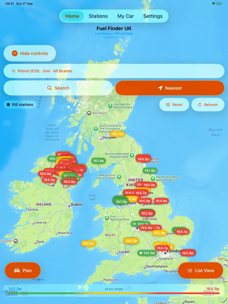 Fuel Finder UK on iPad: the map view with fuel prices across the UK