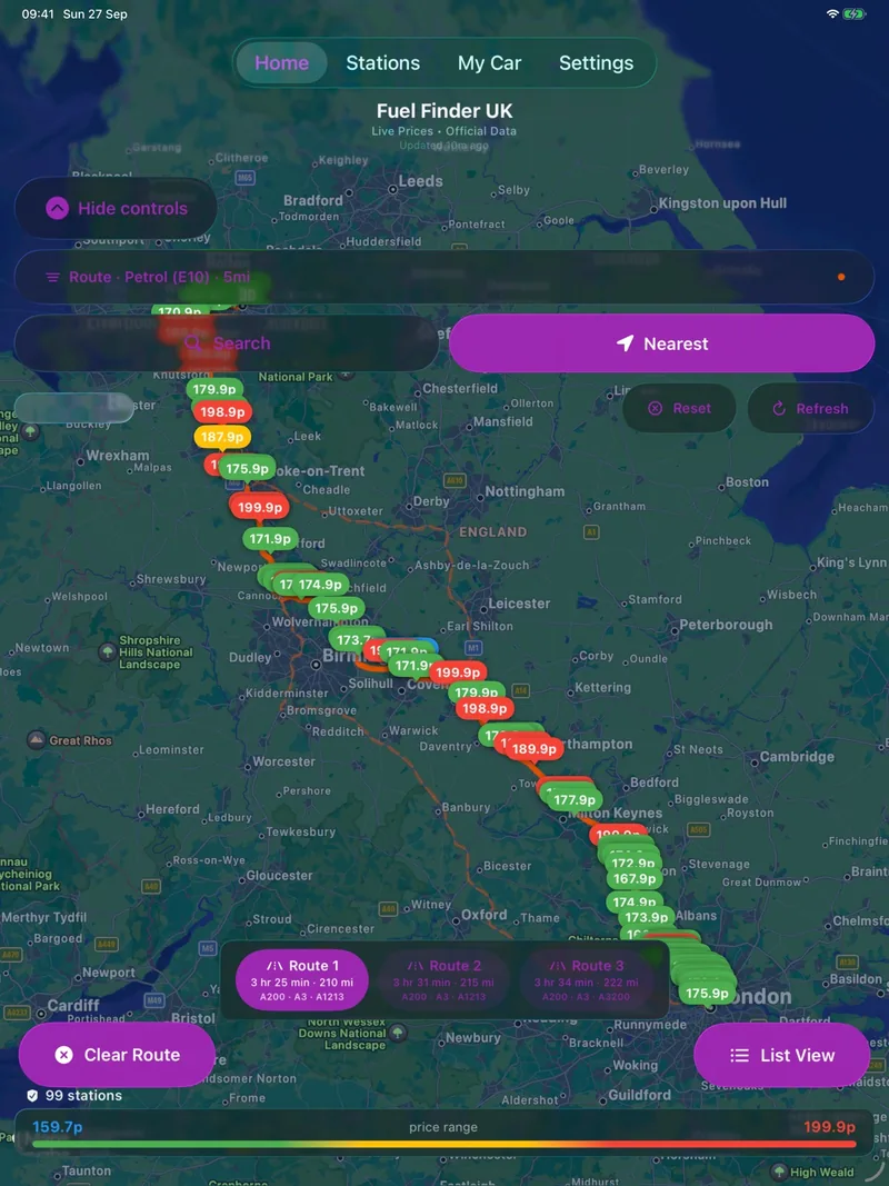 Fuel Finder UK on iPad: fuel prices along a planned route
