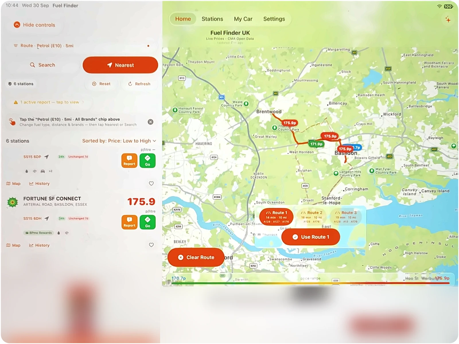 Fuel Finder UK split view on iPad in landscape: stations along a planned route on the left and the route on the map on the right