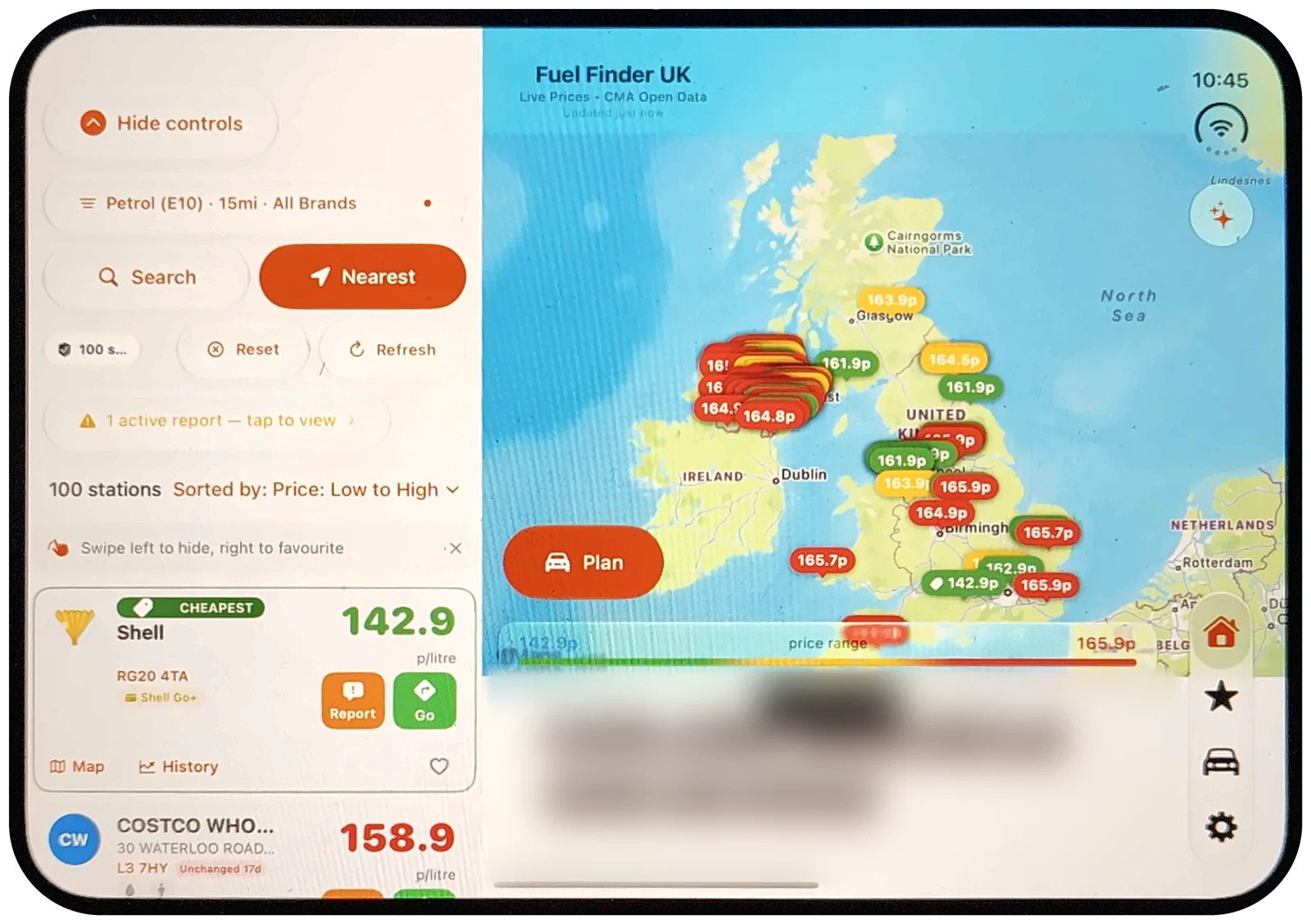 Fuel Finder UK split view on iPhone Duo: the station list on the left and the live price map on the right